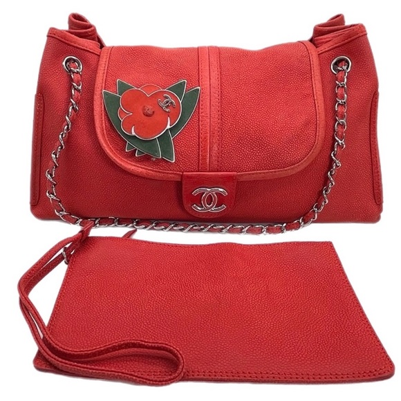 ❤️❤️Chanel❤️❤️ Red Caviar Leather Camellia Flower Accordion Chain Bag Matching P - Picture 7 of 9